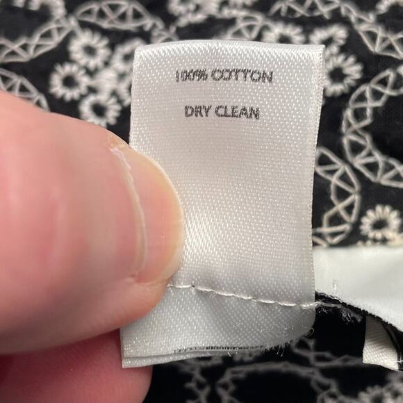 LOFT Black & Ivory Embroidered Floral Cap Sleeve, Collar Faux Wrap Dress 8 - Picture 6 of 10